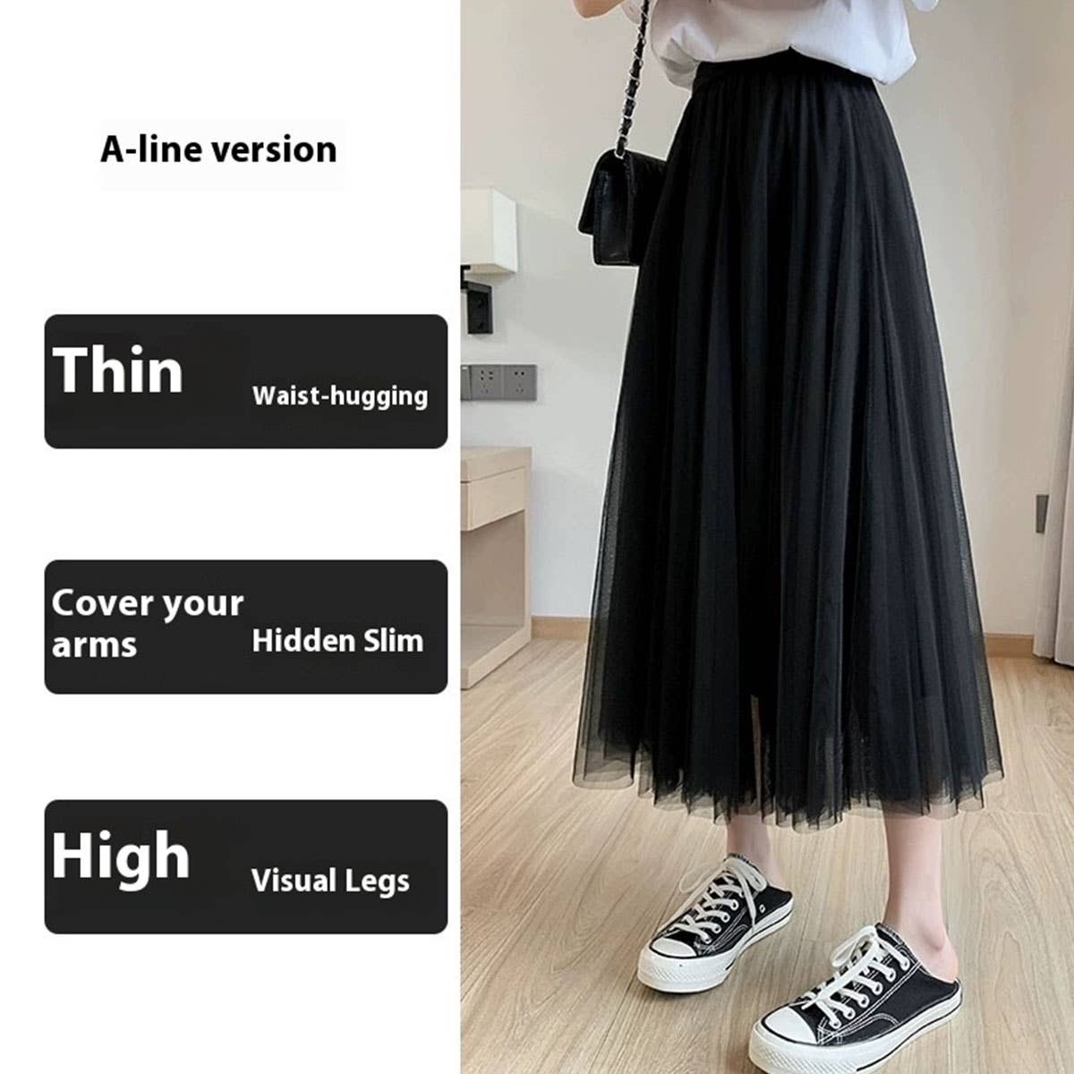 SOLID COLOR ELASTIC WAIST MESH TULLE A LINE SKIRT_CWBLS0372