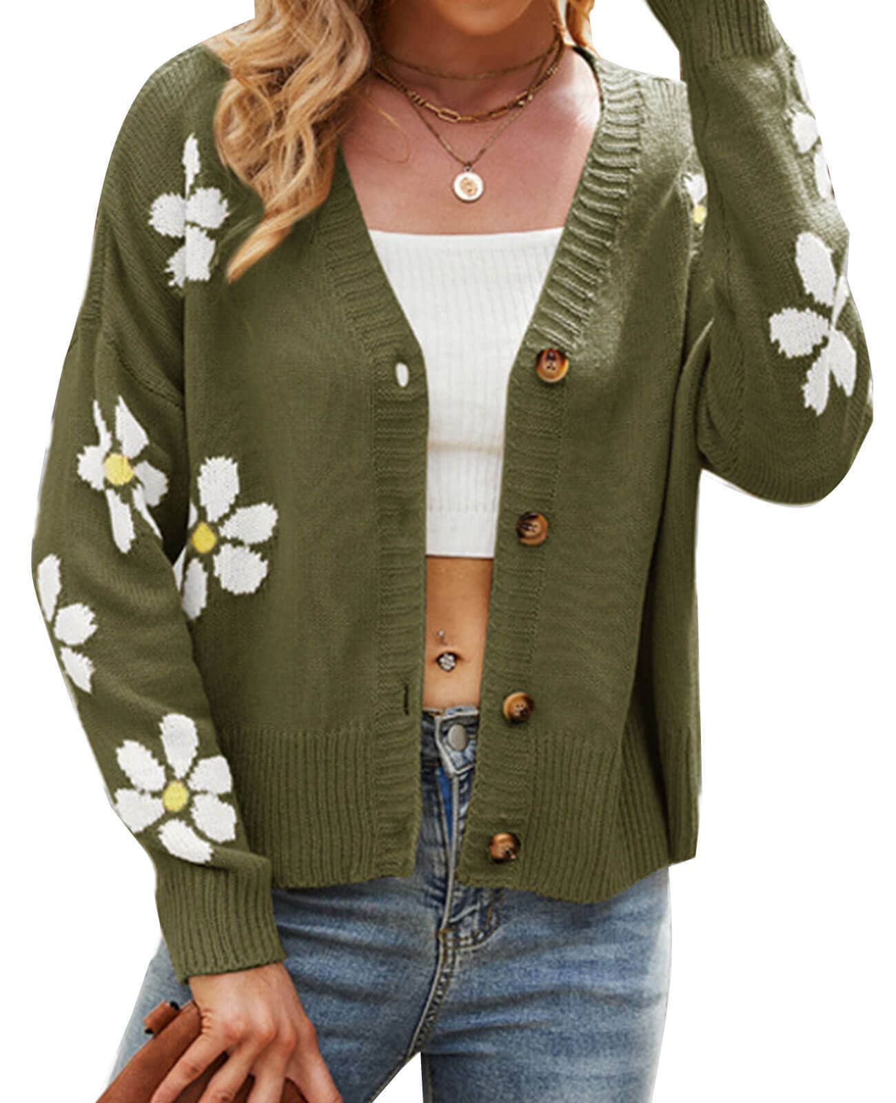 V-Neck Floral Single-Breasted Knit Cardigan
