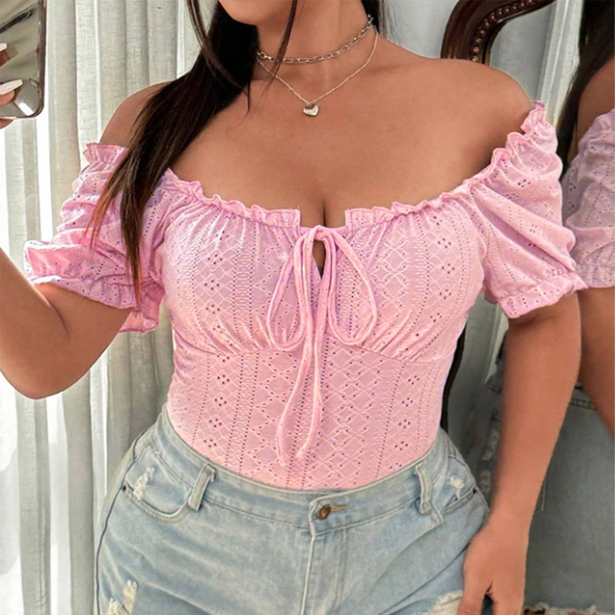 SWEET SQUARE NECK SLIM FIT SHORT SLEEVE TOP_CWTHT0271