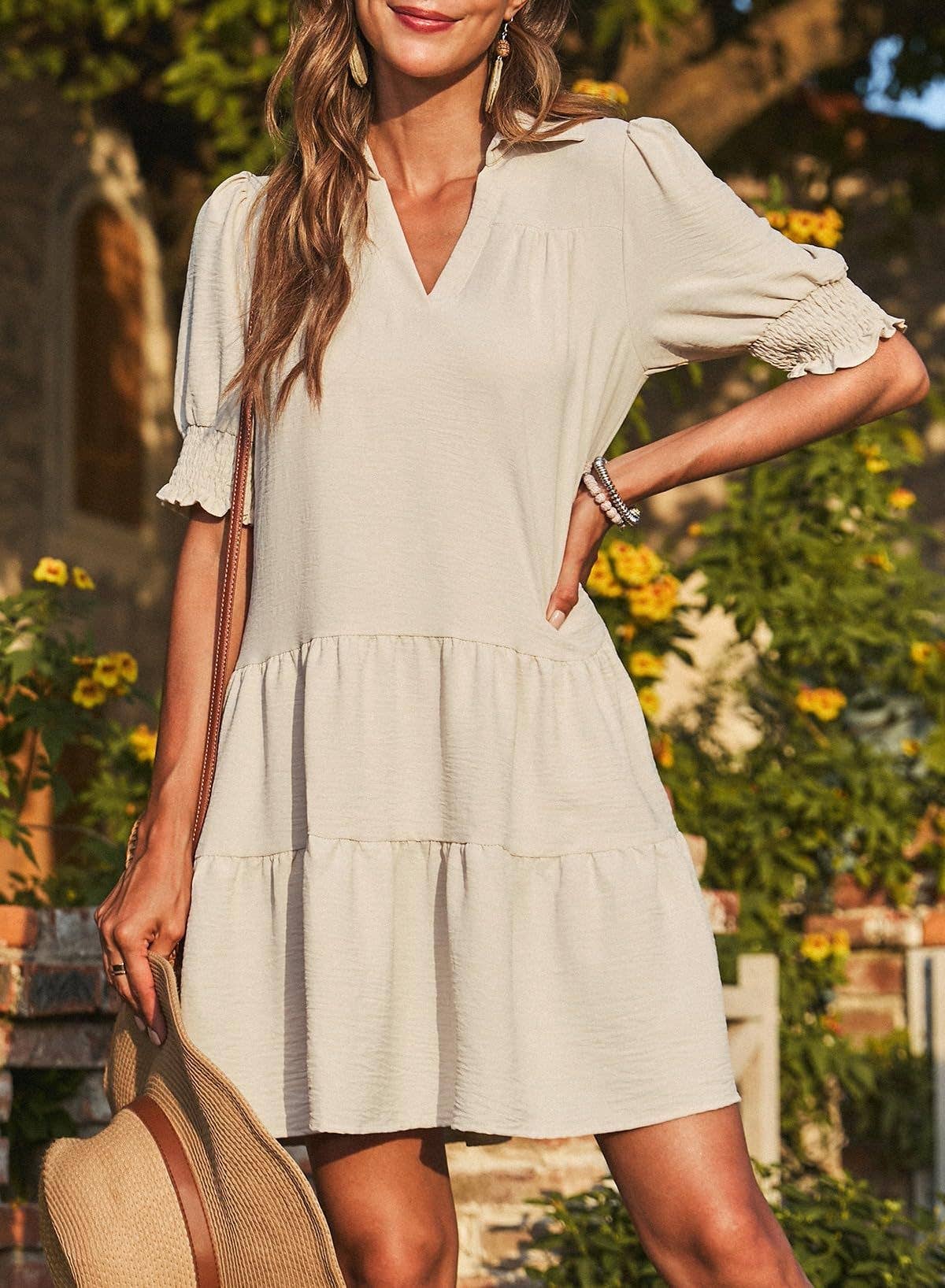 Womens V-Neck Colorblock Puff Sleeve Dress