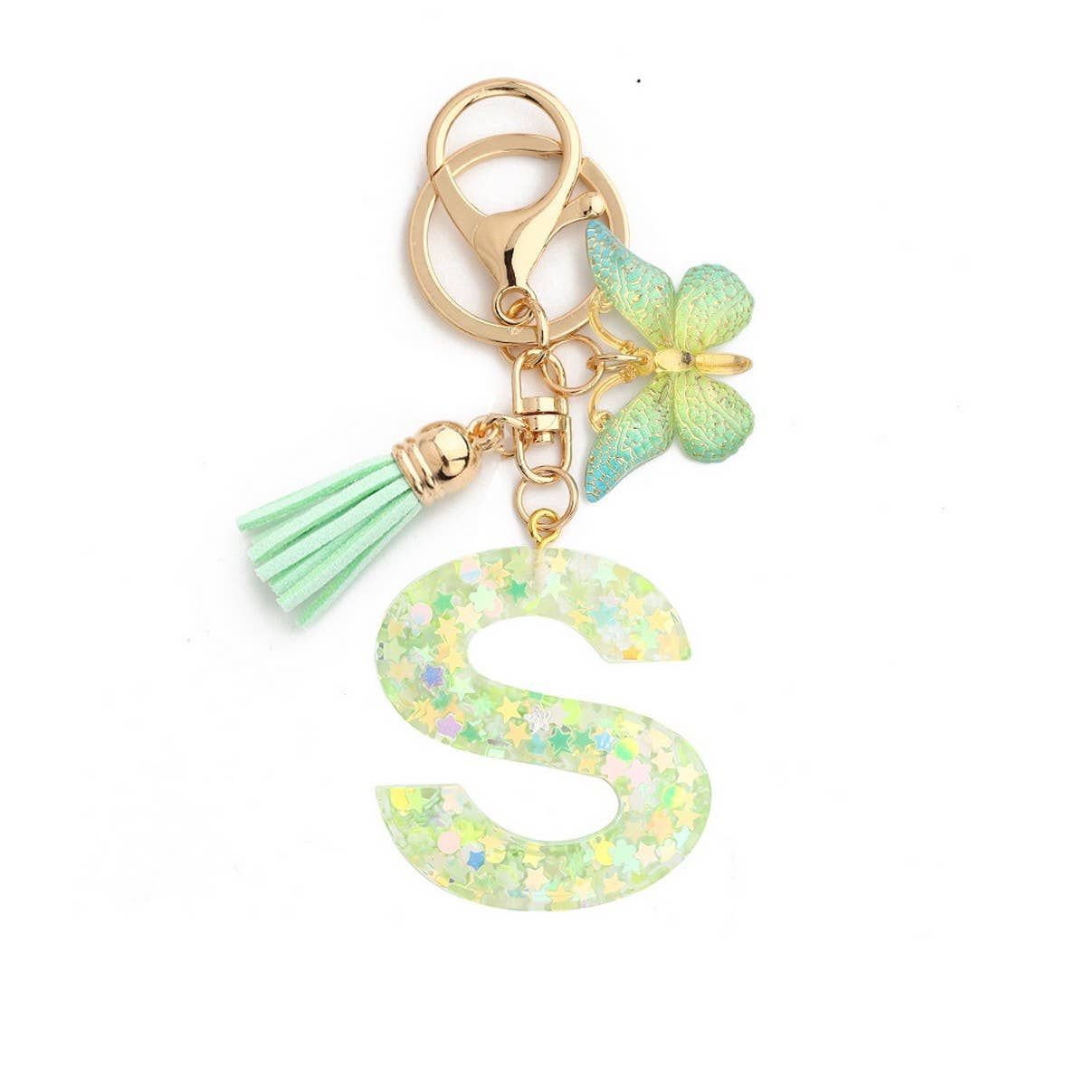 GREEN BUTTERFLY RESIN LETTER KEYCHAIN WITH GLITTER_CWAB5079