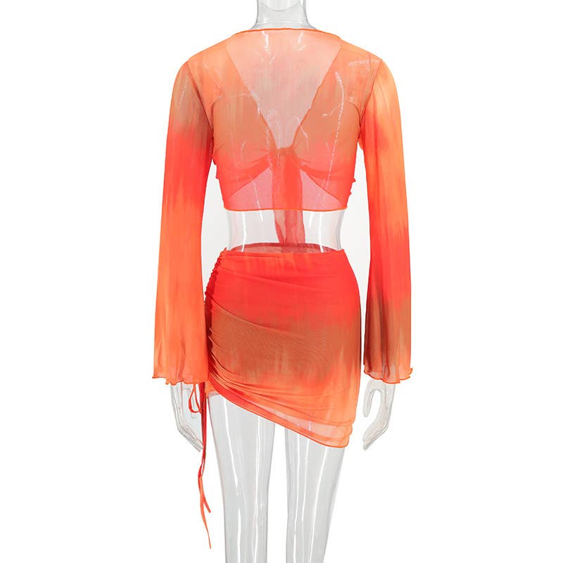 Tie-Dye Print V-Neck Mesh Long Sleeve Skirt Set