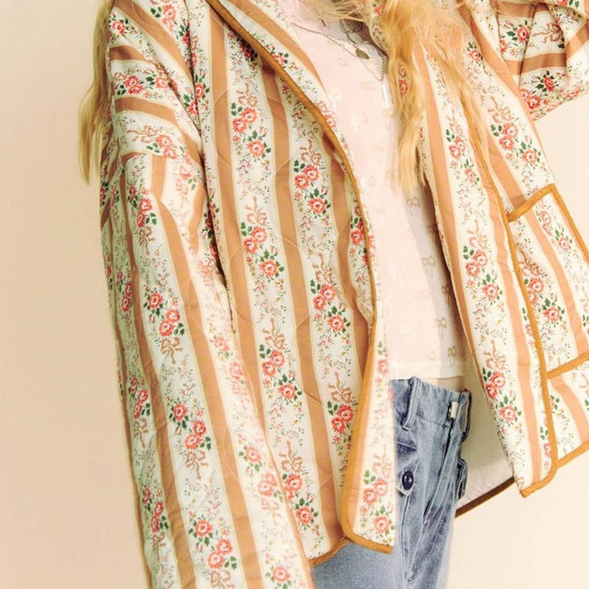 STRIPED FLORAL PRINT LOOSE QUILTED JACKET_CWOJA1552