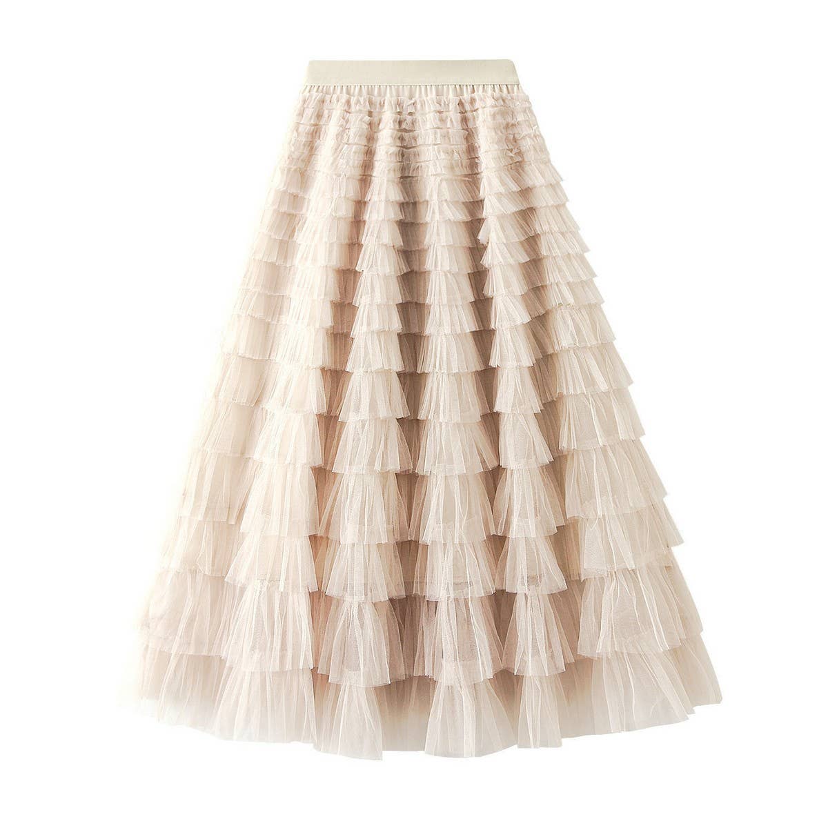White Tulle Tiered Pleated A-Line Maxi Skirt_Cwbms0369