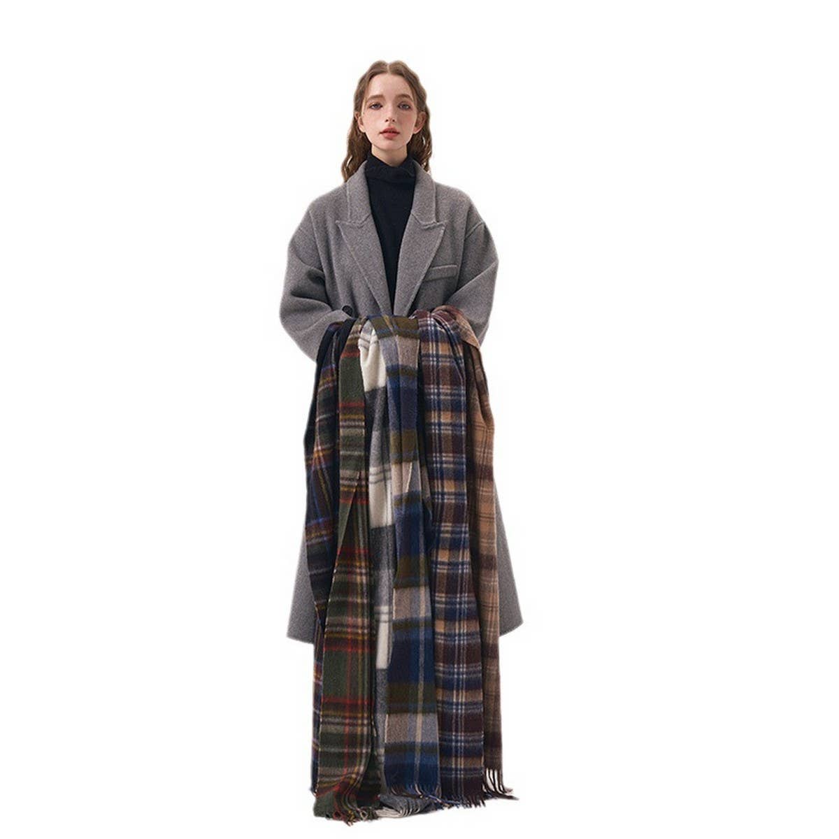 NORDIC PLAID WOOL SCARF WARM WINTER COUPLE WRAP_CWASC2357