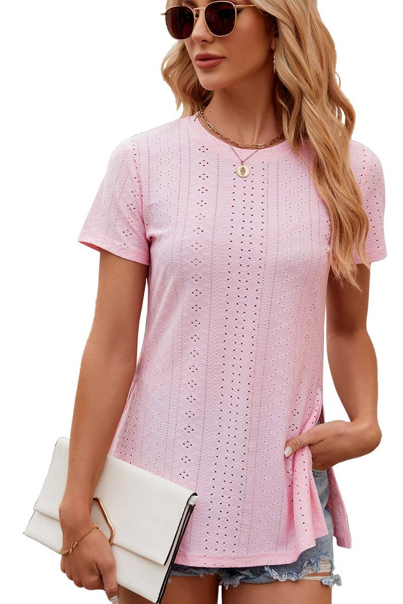 Solid Color Crew Neck Short Sleeve Split Top_Cwtsts0145