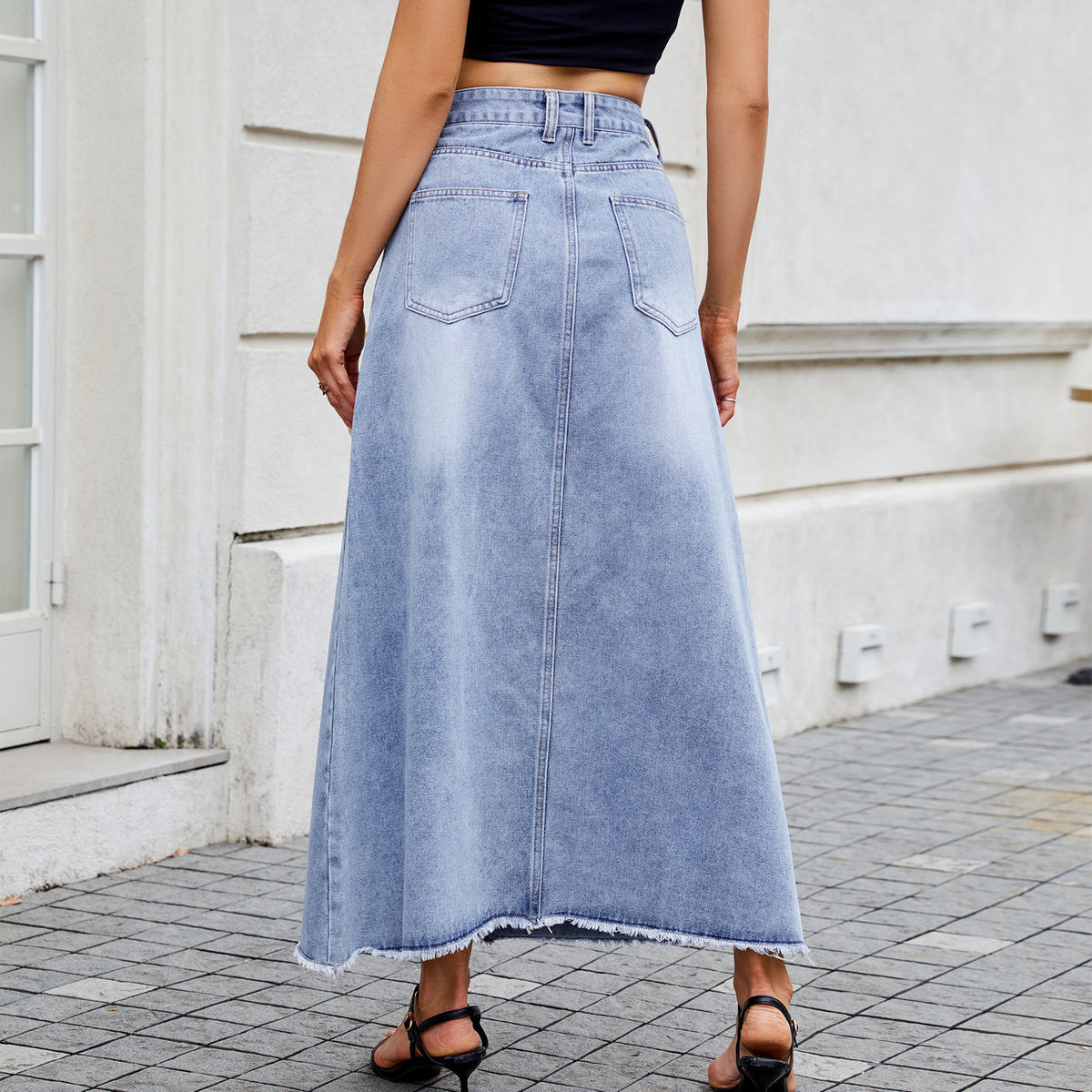 Women High Waist Denim Midi Skirt With Pockets_Cwjsk0203