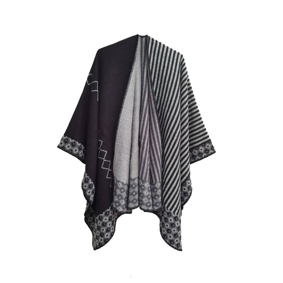 SIMPLE SPLIT SHAWL WITH DIAMOND GEOMETRIC PATTERN_CWASC0289