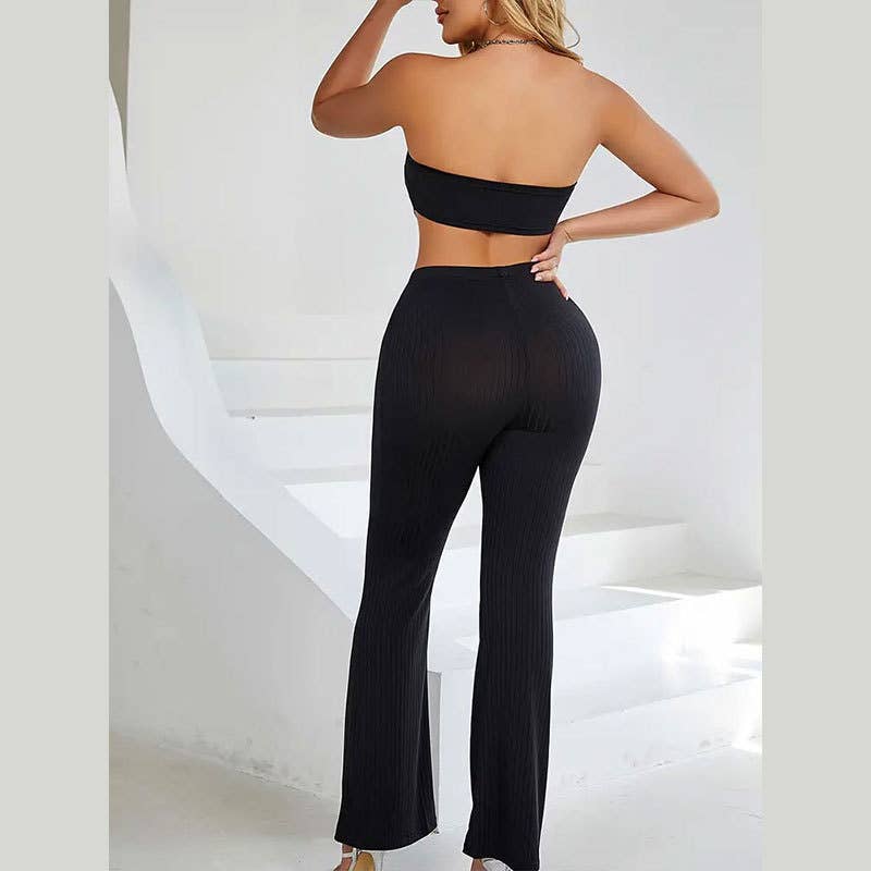 Strapless Top Elastic Waist Flare Two Piece Set