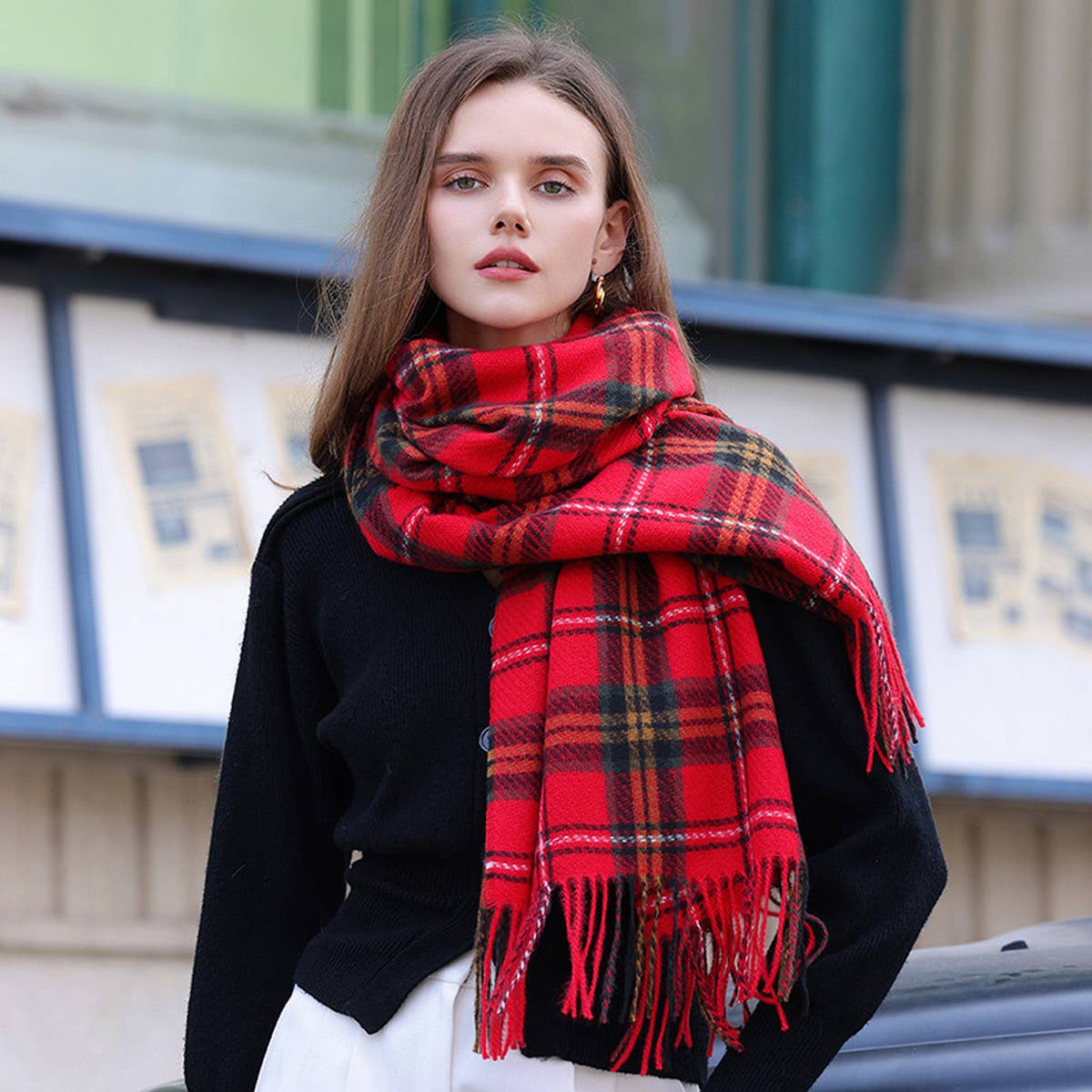 PLAID WINTER SCARF FOR WOMEN SOFT TASSEL SHAWL_CWASC0224