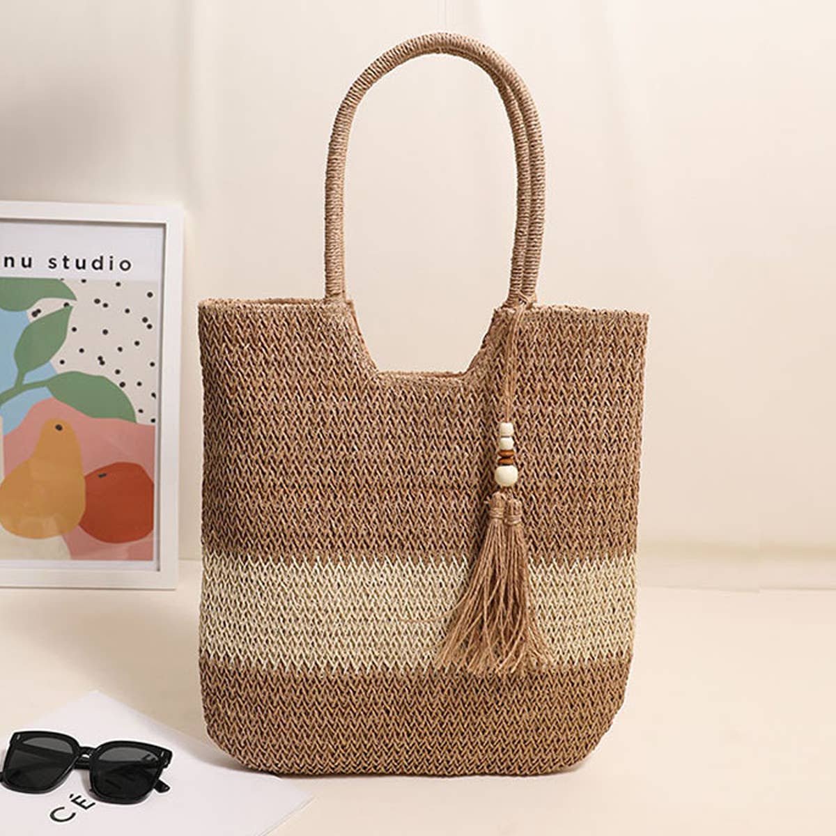 CASUAL WOVEN TWO COLOR BEACH BAG WOVEN BAG_CWAB1861