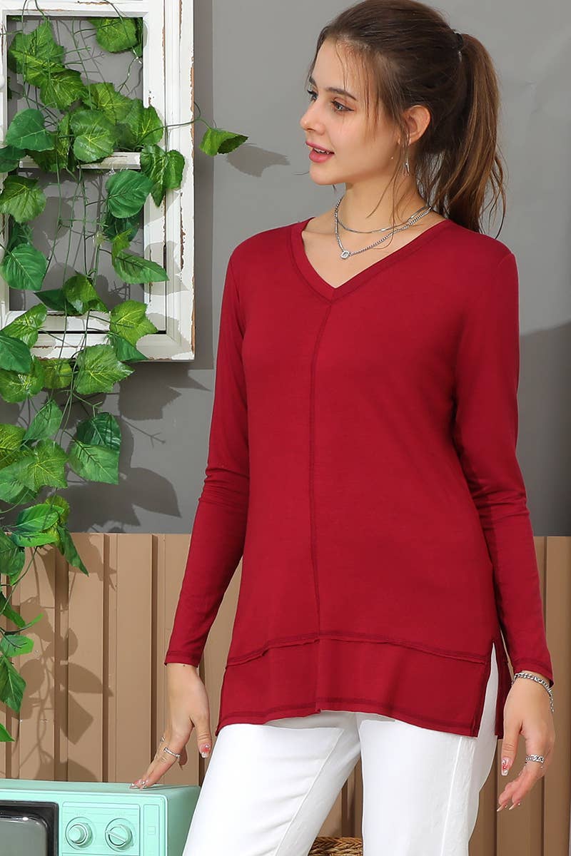 Solid V Neck Long Sleeved Shirt_Cwttl1434
