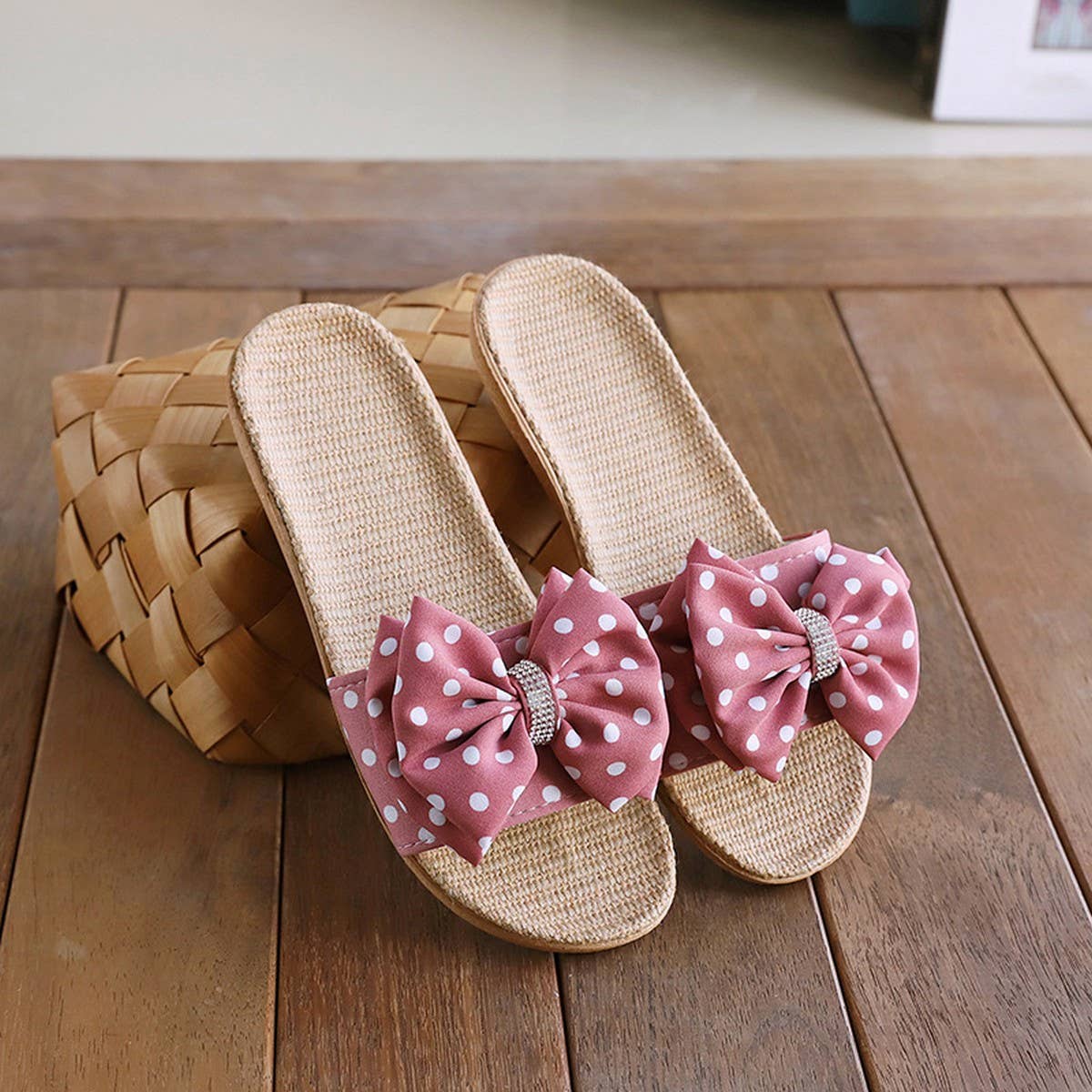 BOW LINEN SUMMER SLIPPERS SOFT SOLE BREATHABLE_CWSHF0188