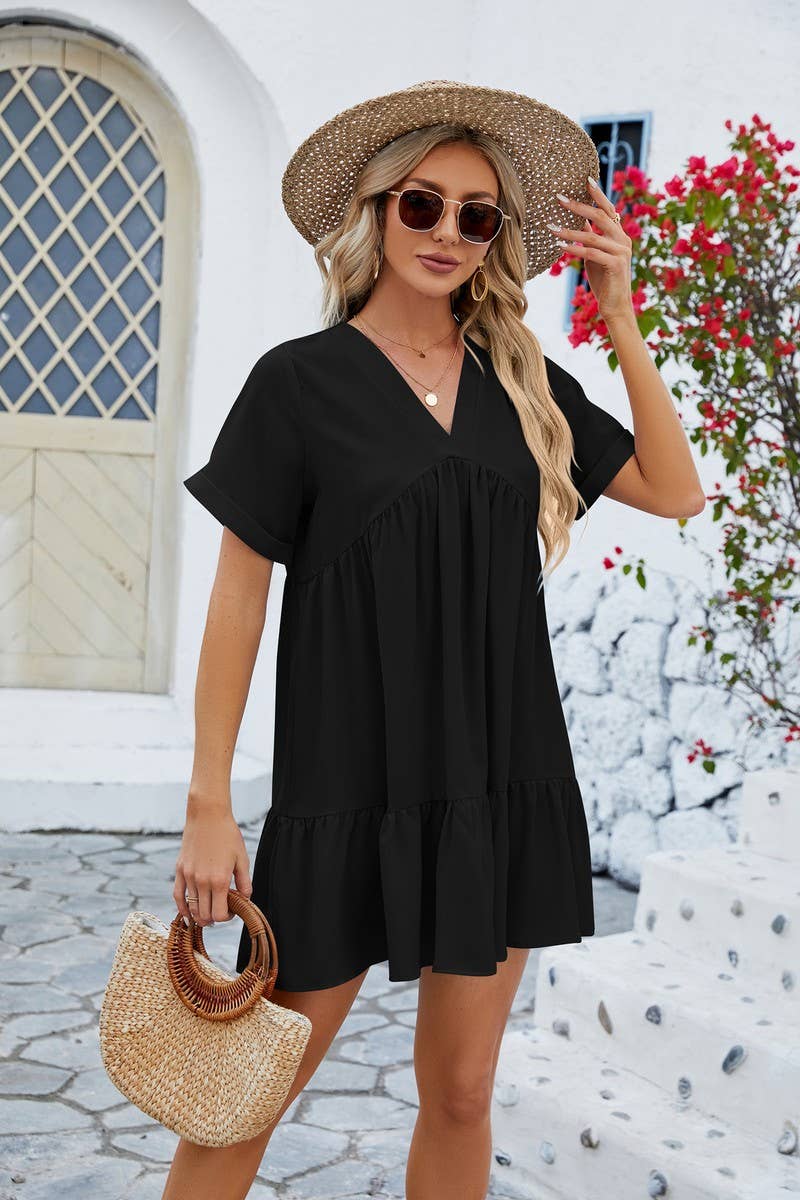 V Neck Solid Color Short Sleeve Pleated Dress_Cwdsd2696