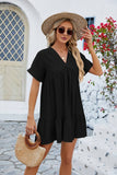 V Neck Solid Color Short Sleeve Pleated Dress_Cwdsd2696