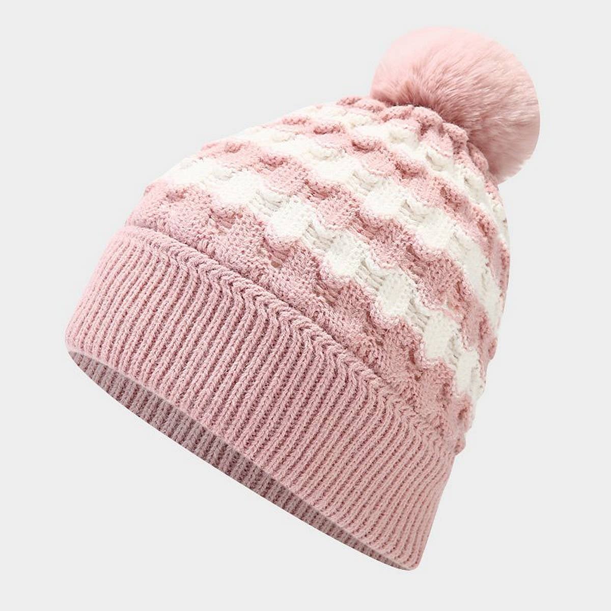 NEW CONTRAST STRIPED POM POM KNITTED HAT_CWAH1609