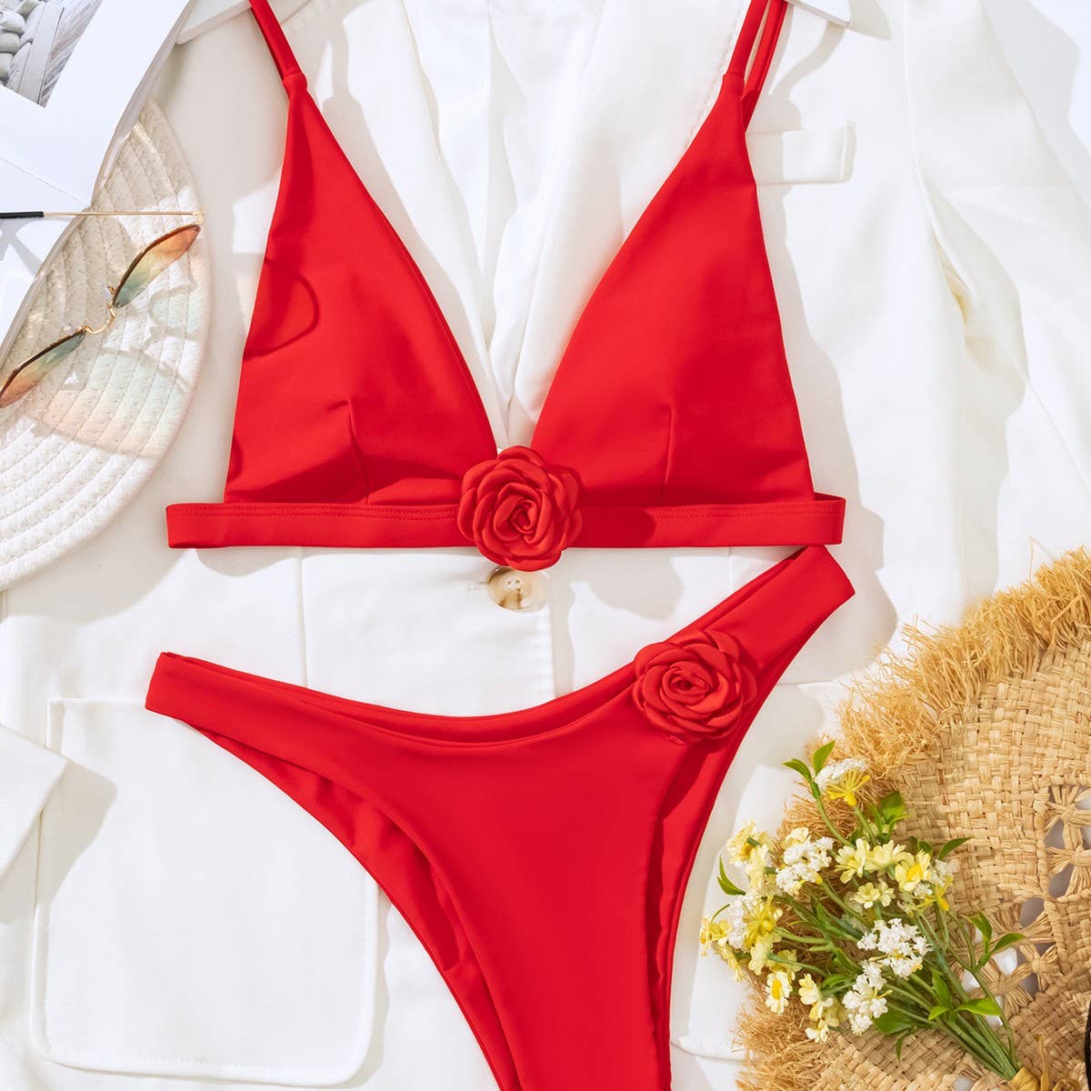 3D FLORAL BIKINI SET SOLID COLOR SWIMSUIT_CWMW0693