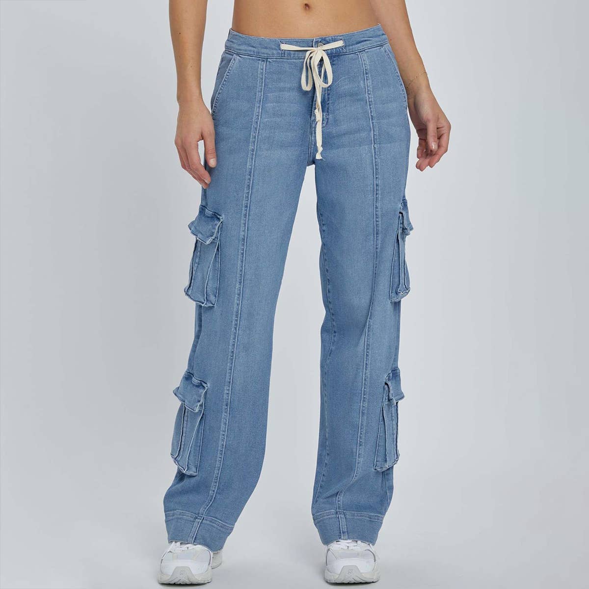 Washed Cargo Multi-Pocket Wide-Leg Lace-Up Jeans