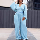 PLEATED V NECK TOP AND WIDELEG PANTS TWO PIECE SET_CWSTB1138