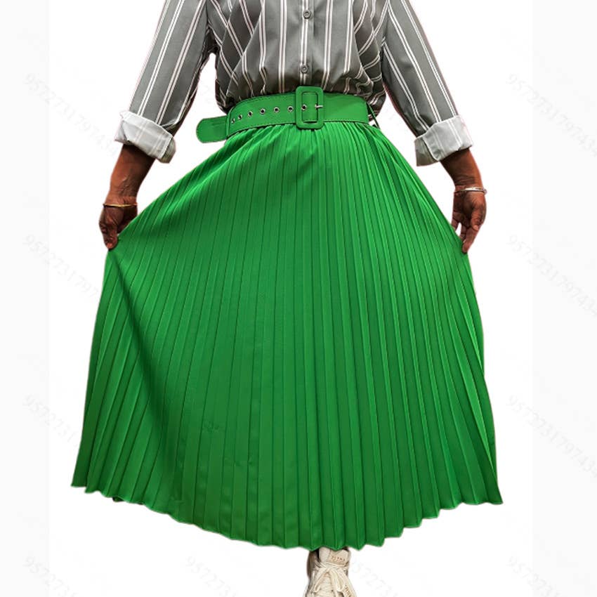 Solid-Color Fashionable Belt Pleated Skirt