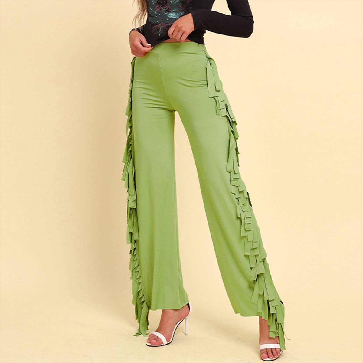 Tassel High-Waisted Solid Color Wide Leg Pants