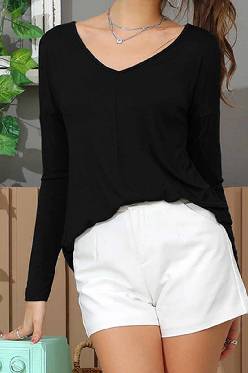 Solid V-Neck Long Sleeve T Shirt_Cwttl1444
