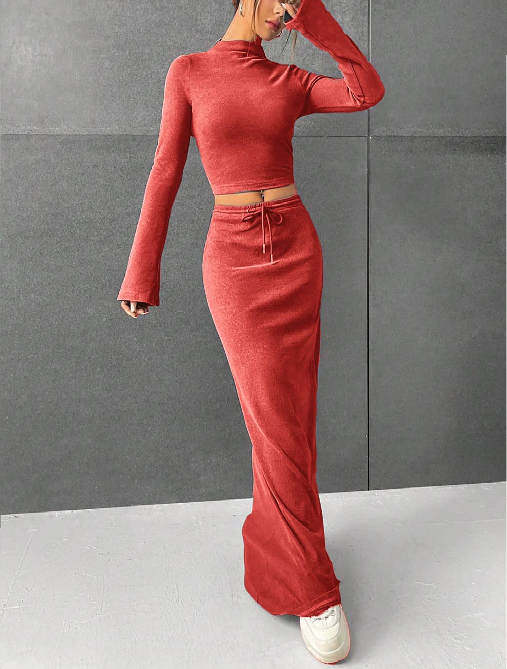 Solid Color Pants Long-Sleeved Top Two-Piece Set