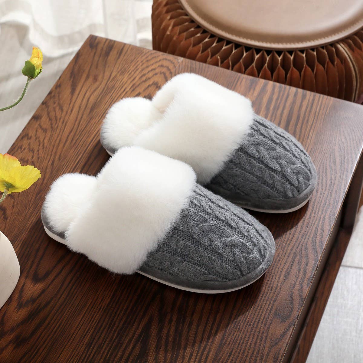 PLUSH CHENILLE KNIT SLIPPERS WARM HOME SHOES_CWSHF00214