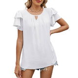 V-Neck Cutout Double-Sleeved Chiffon T-Shirt