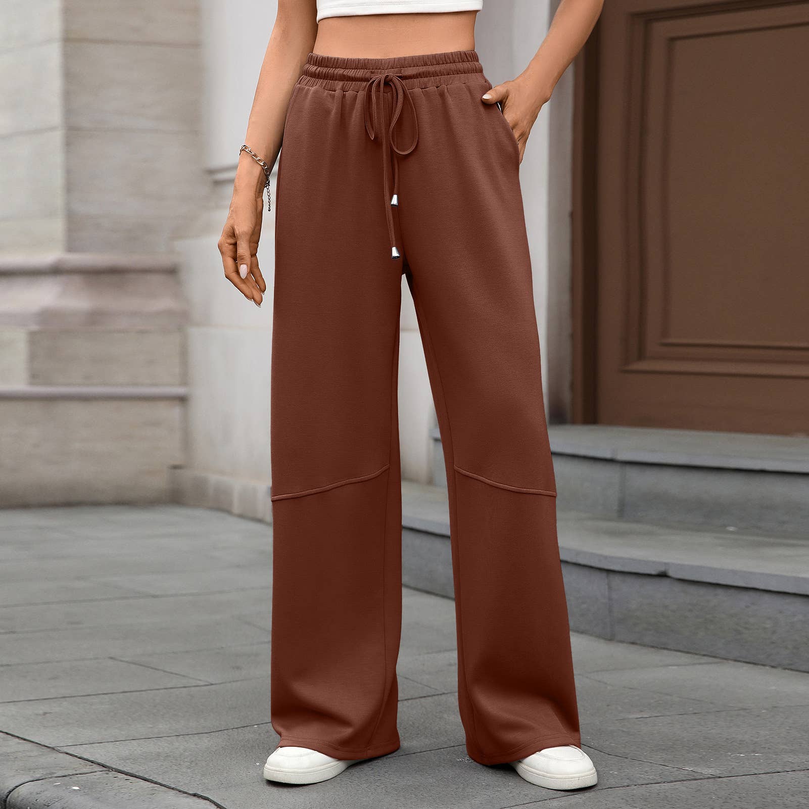 Stretch Waist Drawstring Pocket Wide Leg Pants