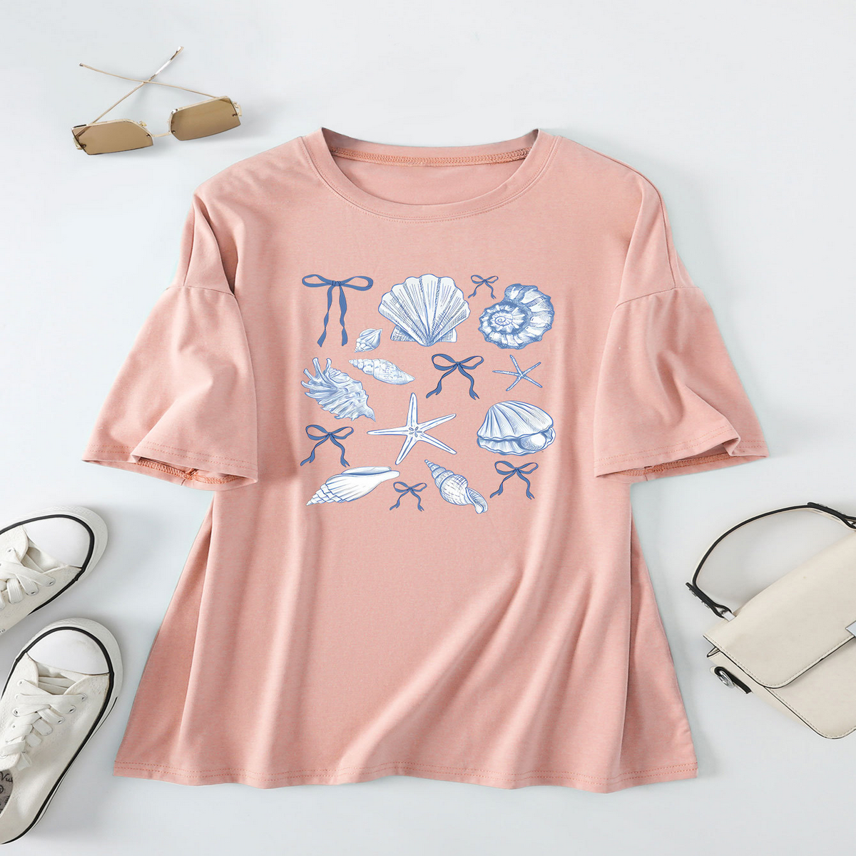 CUTE BOW PRINT T SHIRT FOR WOMEN SHELL NECKLINE_CWTTS1465