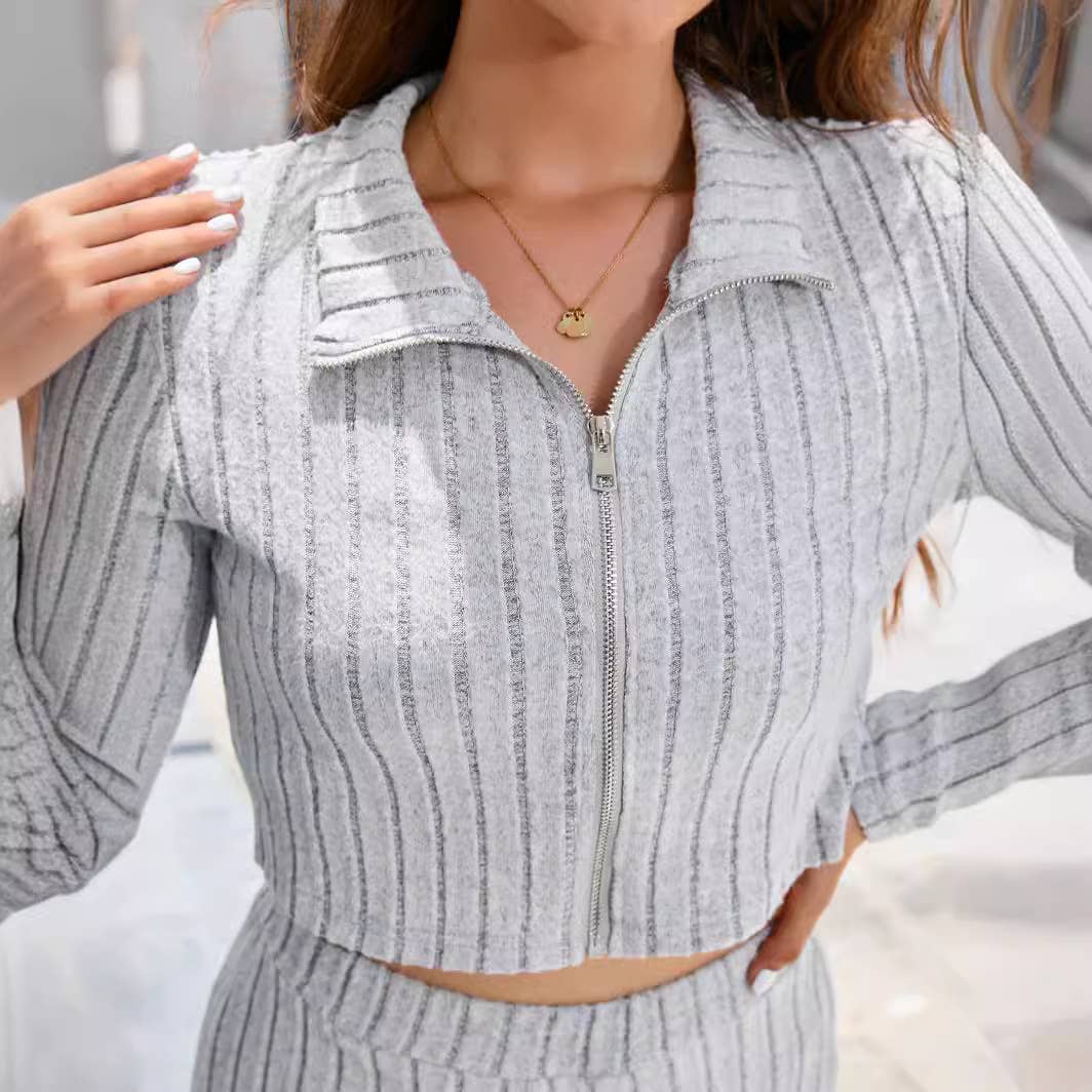 Zip-Up Cardigan Wide-Leg Pants Two-Piece Set