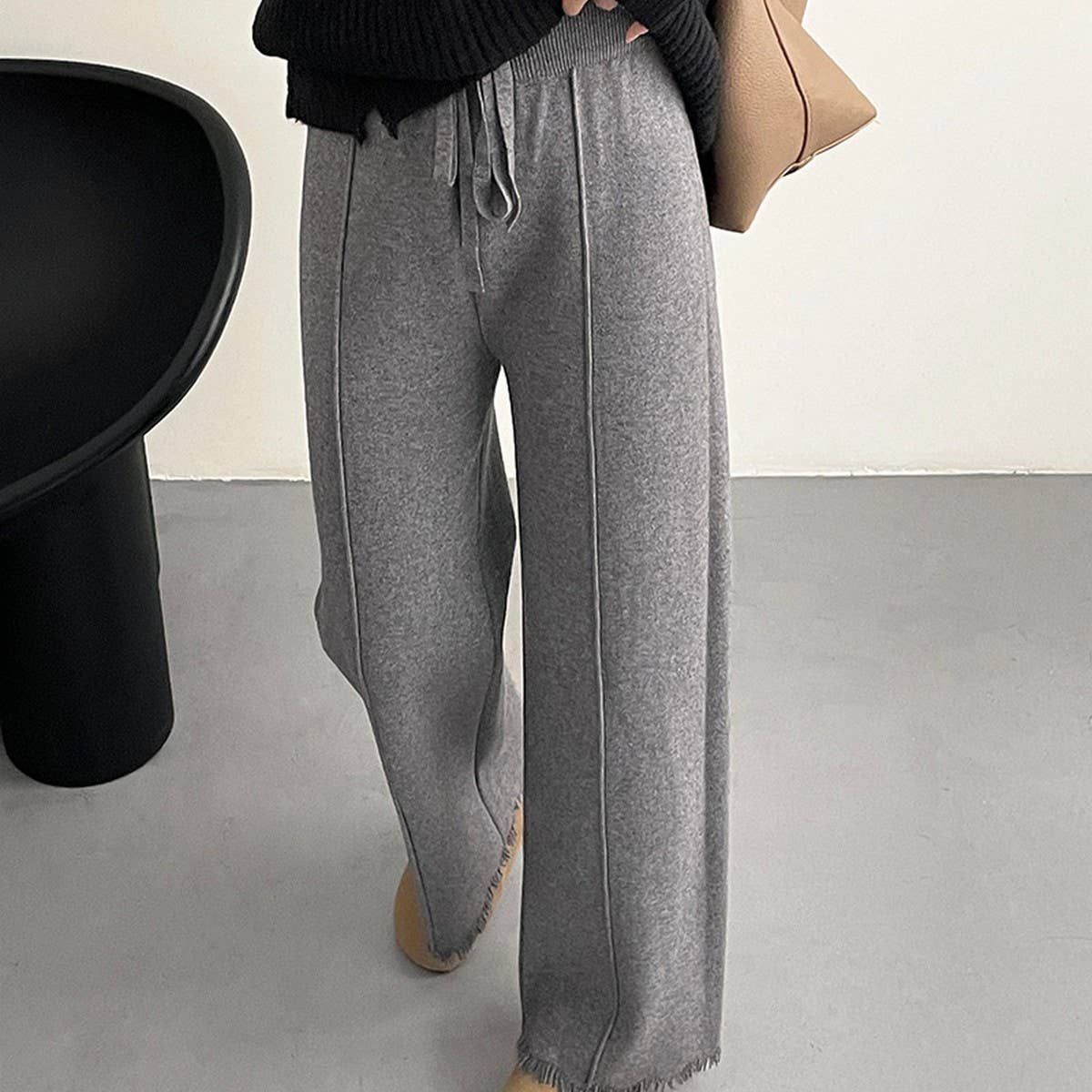 Straight Knit Pants With Rough Edge Design