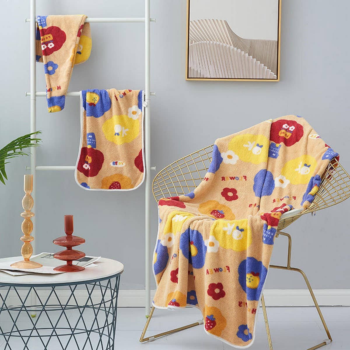 CORAL FLEECE PRINTED SHOWER CAP TOWEL BATH TOWEL_CWMM2326