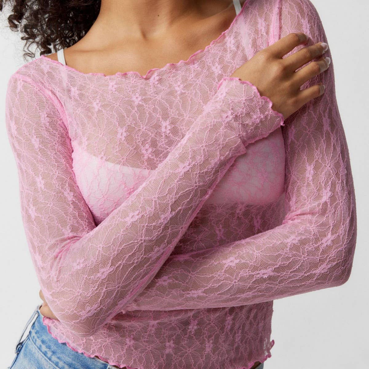 SEMI SHEER MESH LACE T SHIRT SLIM FIT CROPPED TOP_CWTBLL2661