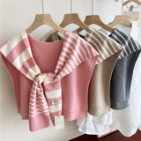 STRIPED KNIT SHAWL NECK SHOULDER WRAP_CWASC0843