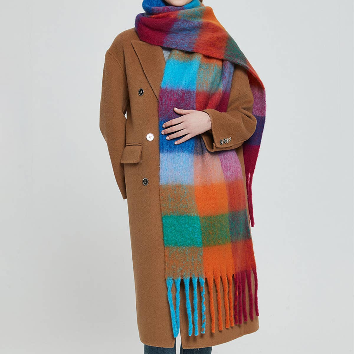 RAINBOW PLAID FUZZY SCARF THICK WINTER SHAWL WRAP_CWASC1051