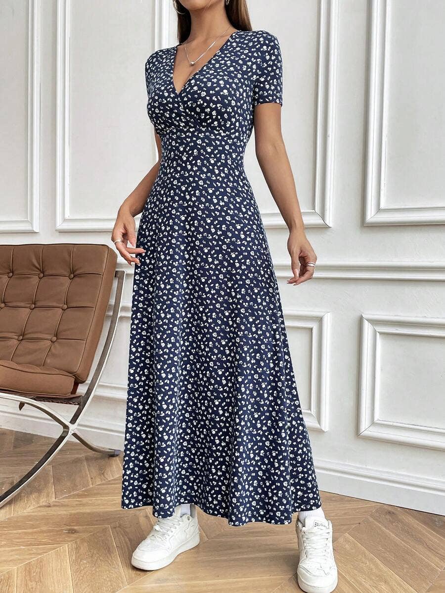 V-Neck Elegant Cinched Waist Casual Floral Dress