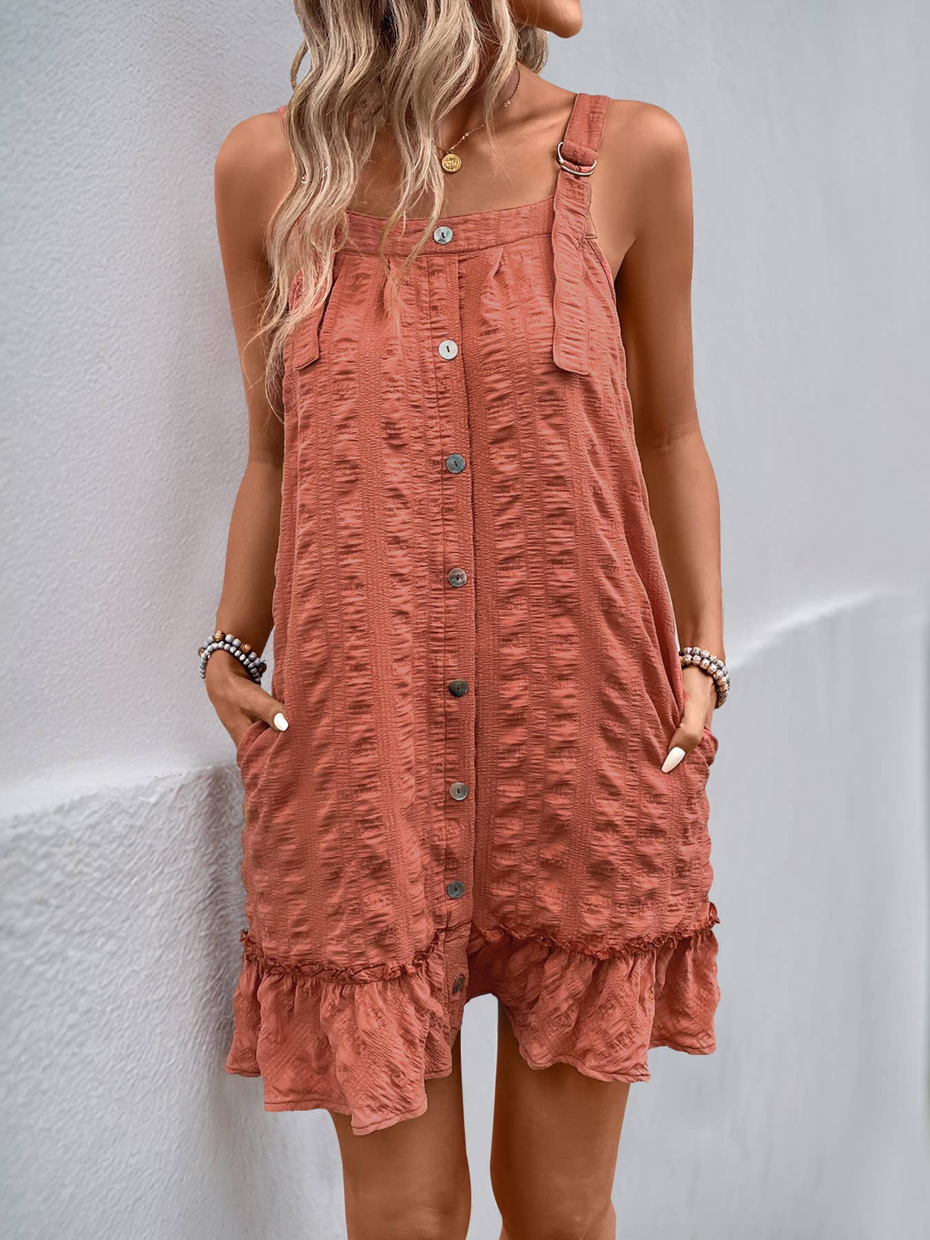 Solid Color Texture Pleated Ruffled Short Dress