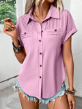 Womens Solid Buttoned Collar Pocket Raglan Tee