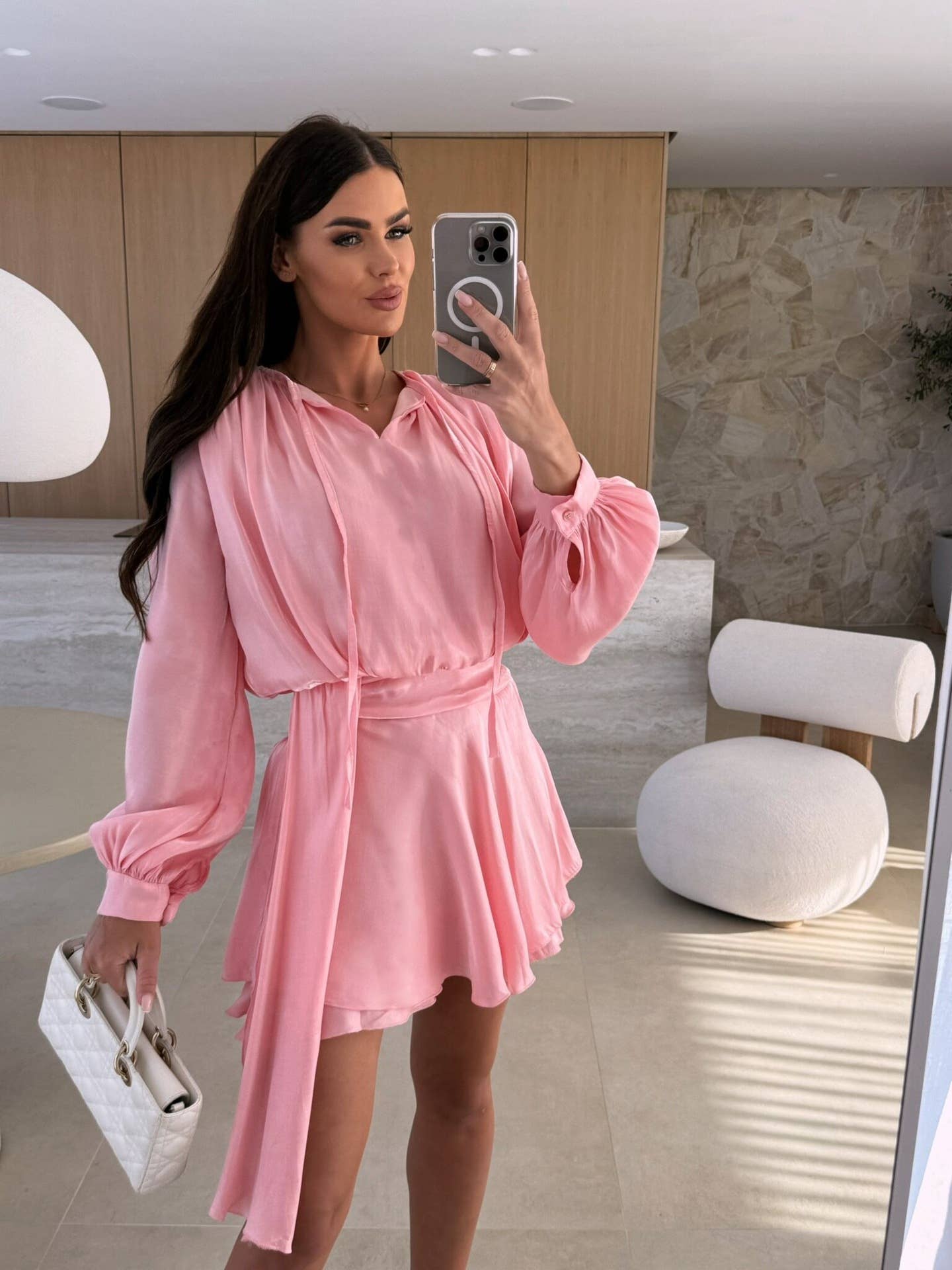 Solid-Color Long-Sleeved V-Neck Lace-Up Dress