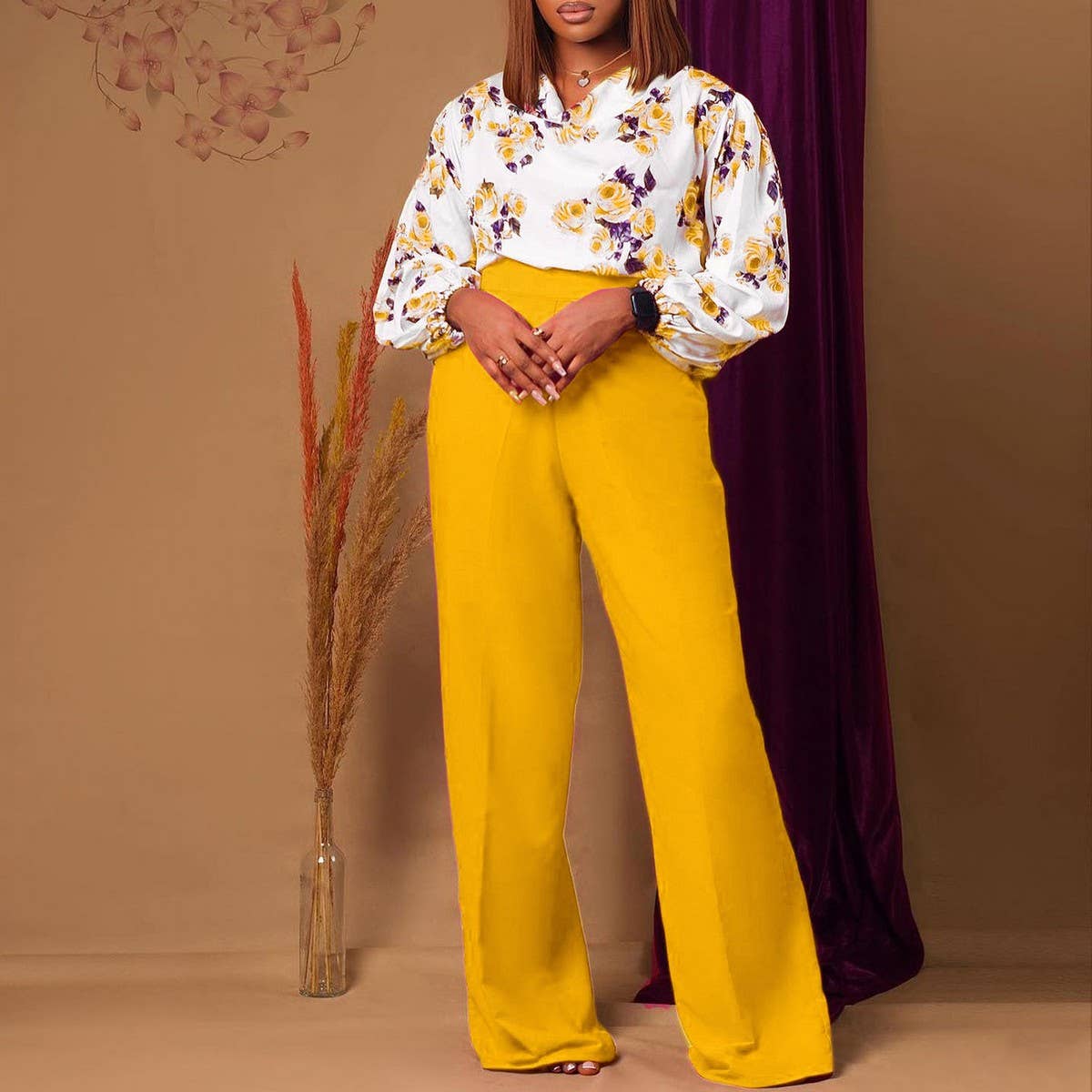 PRINTED TIE TOP AND WIDE LEG PANTS TWO PIECE SET_CWSTB1140