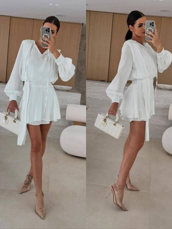 Solid-Color Long-Sleeved V-Neck Lace-Up Dress