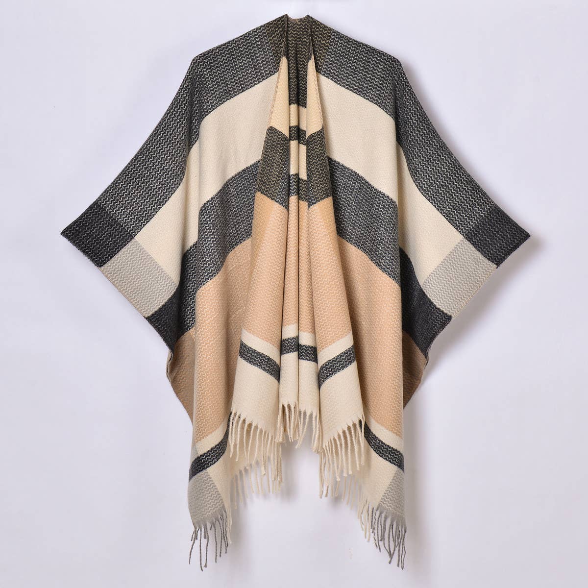 SIMPLE TASSEL PATTERN WIDE HORIZONTAL STRIPE SHAWL_CWASC0939