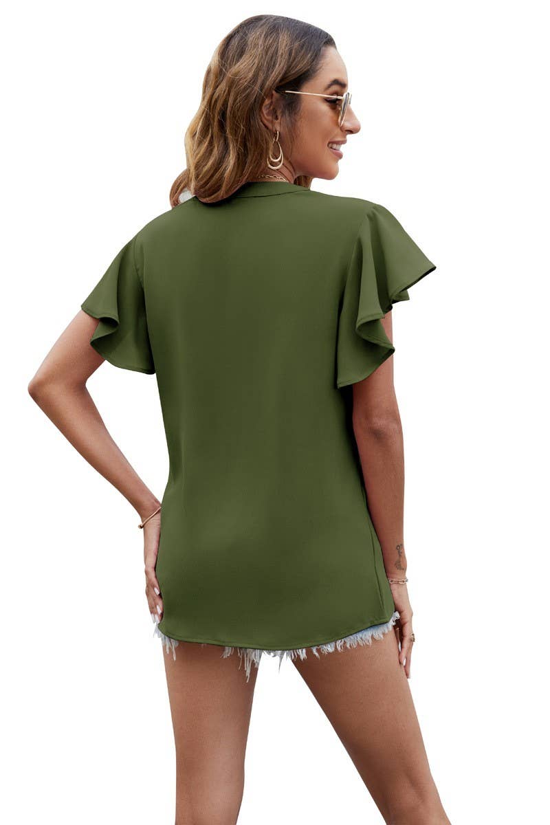 V Neck Fly Sleeve Short Sleeve Chiffon Top_Cwtsts0214