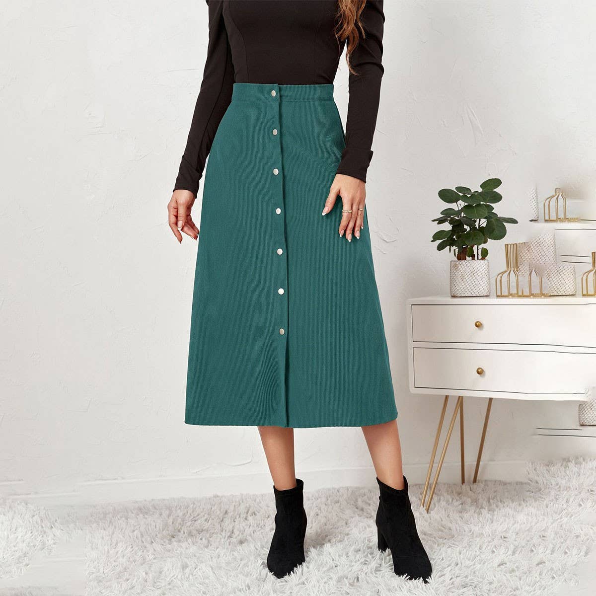 CORDUROY SKIRT SINGLE BREASTED HIGH WAISTLONGSKIRT_CWBSS0372