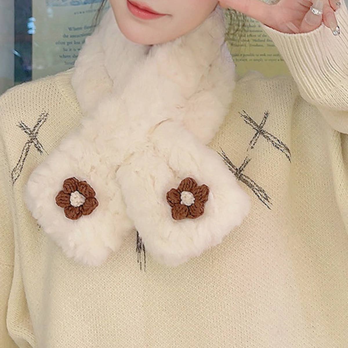 BROWN FLORAL FUZZY SCARF NECK WRAP FOR STUDENTS_CWASC1251