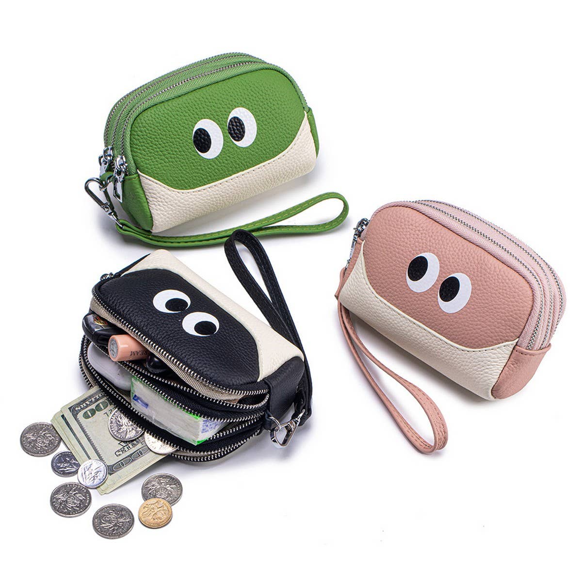 CUTE MINI LEATHER WRISTLET TRIPLE ZIPPER POUCH_CUAB00380
