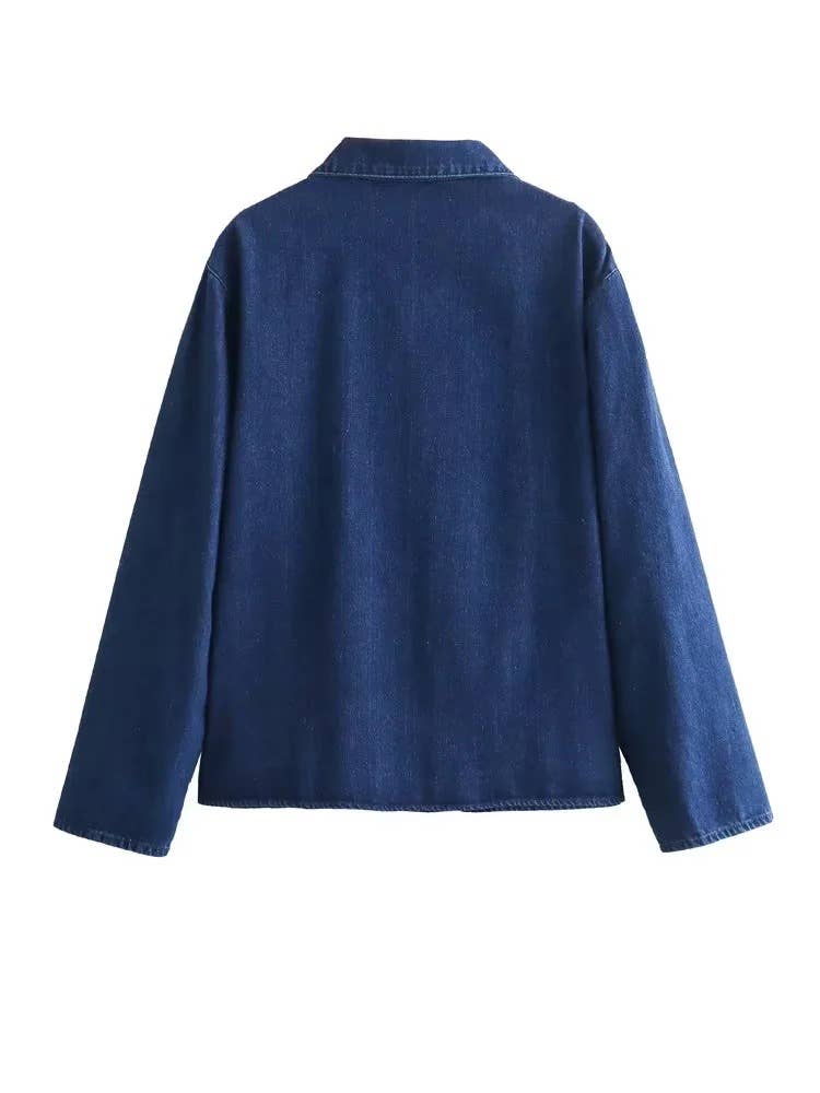 Solid Color Denim Shirt With Lapel Bow