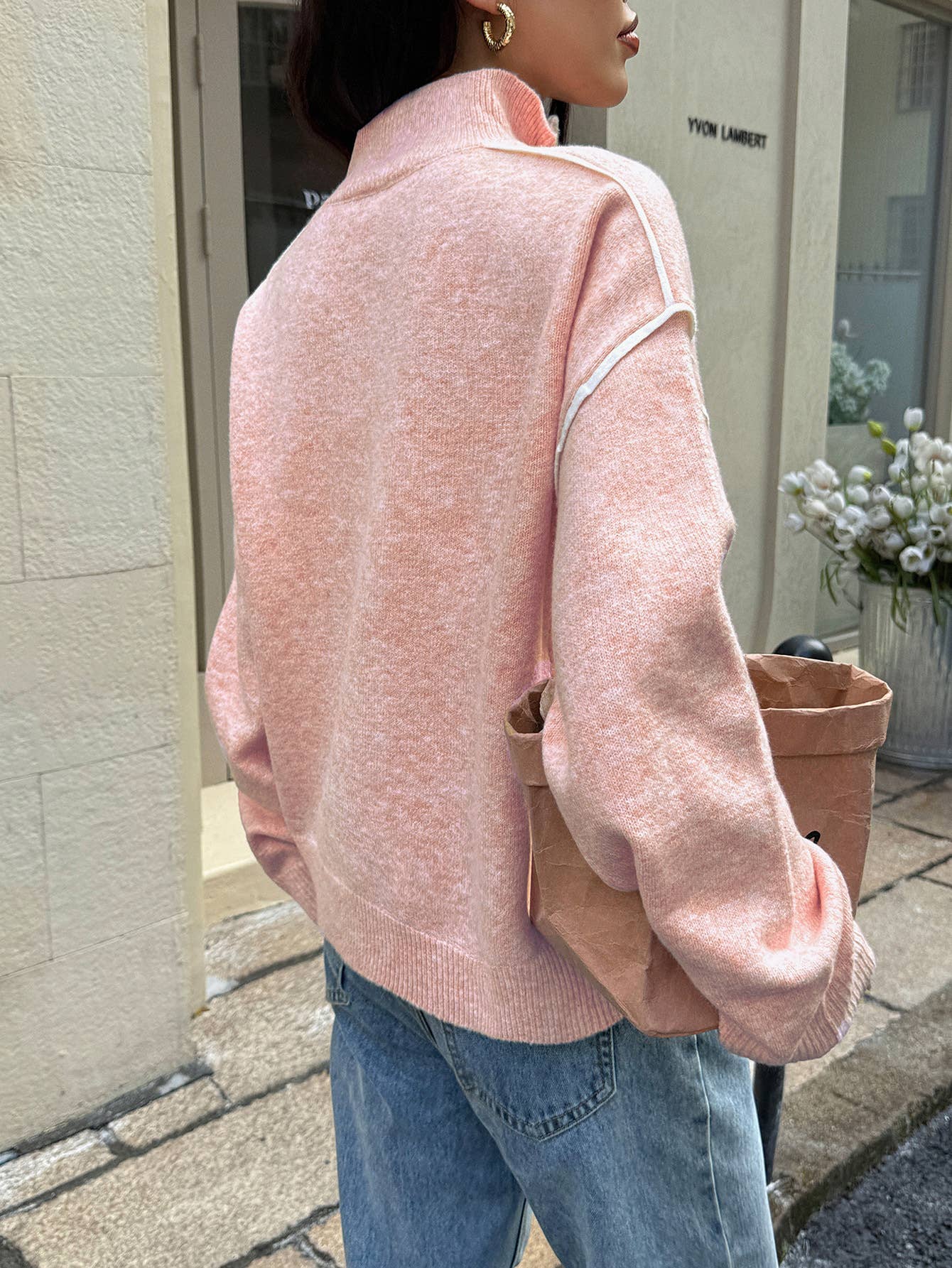 Solid-Color Long-Sleeved Semi-Zipper Sweater